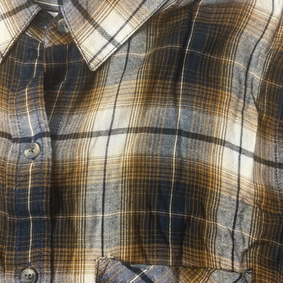 KAVU Button Up Shirt Medium Brown Plaid Long Sleeve Point Collar Pockets Soft - Picture 2 of 5